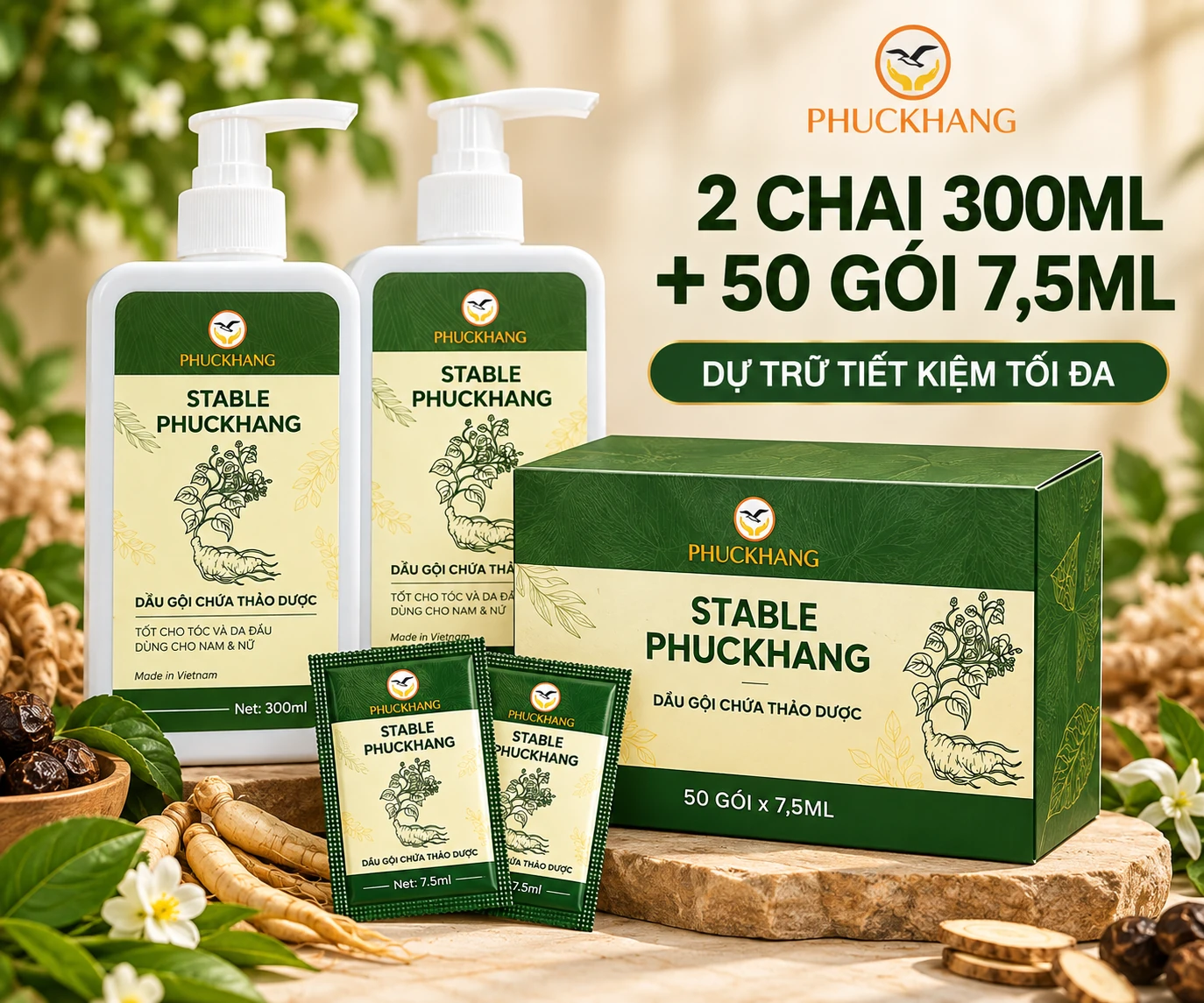 Combo dự trữ lớn dầu gội Stable Phuckhang™ — 2 chai 300ml + 50 gói 7,5ml Combo dự trữ lớn dầu gội dược liệu Stable Phuckhang 2 chai 300ml và 50 gói 7.5ml